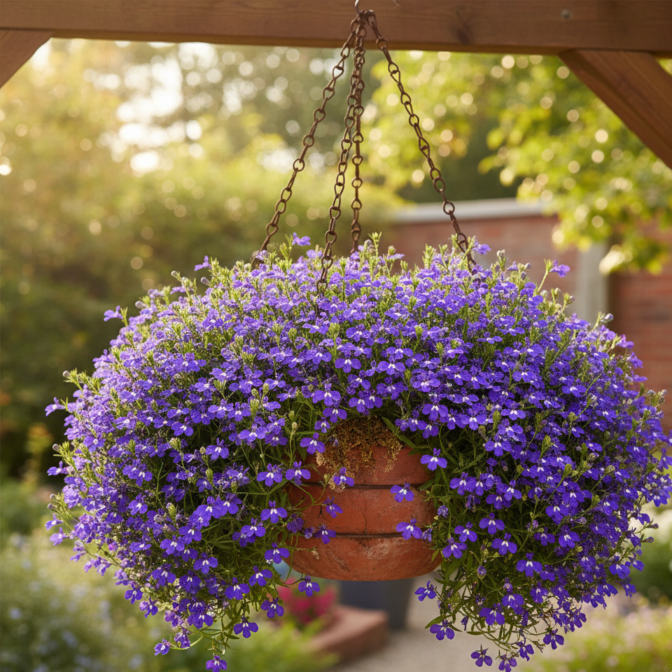 Bright blue trailing Lobelia flowers blooming in a container, showcasing vibrant color and cascading growth. Learn how to grow Lobelia seeds for stunning hanging baskets and garden displays.