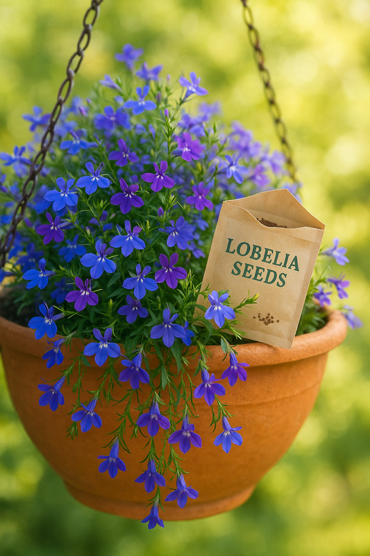 Vibrant blue and purple Lobelia flowers overflowing from a terracotta hanging basket with a packet of Lobelia seeds, showing the trailing habit for stunning garden borders and containers.