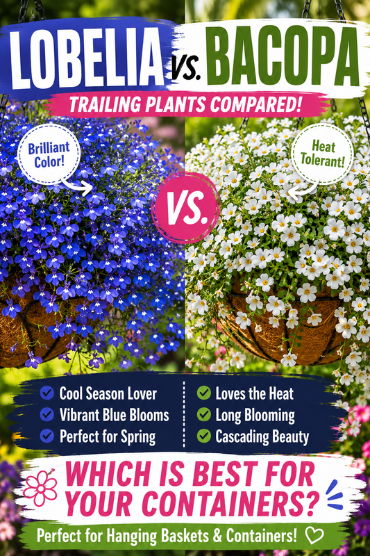 Lobelia vs. Bacopa comparison showing blue Lobelia and white Bacopa in hanging baskets, highlighting differences in heat tolerance, bloom color, and trailing growth for containers.