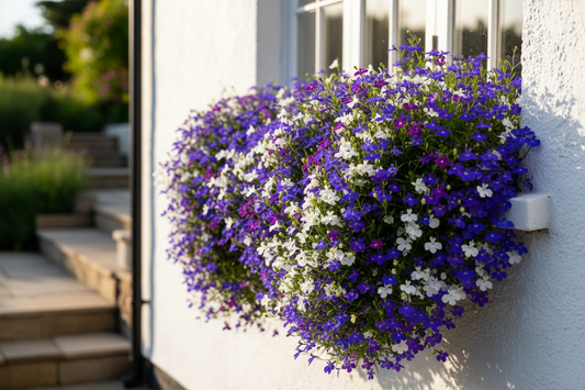 Trailing lobelia in sapphire blue and violet purple cascading from a cottage window box in golden hour light