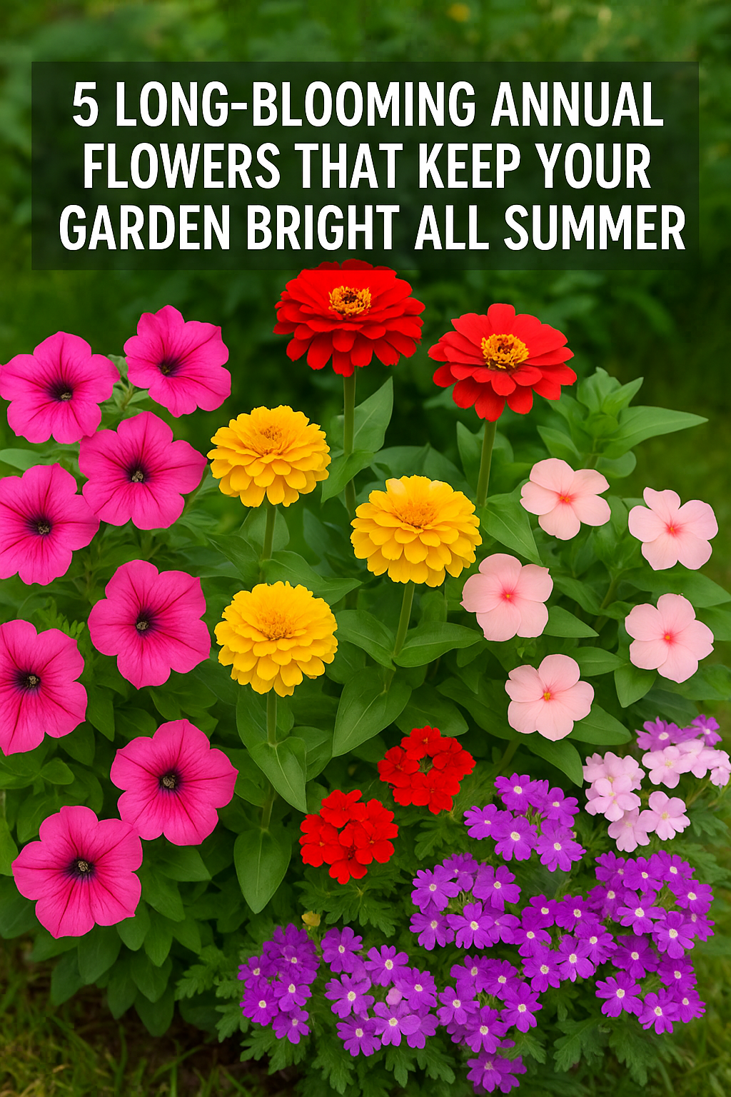Bright summer garden with Petunias, Zinnias, Marigolds, Impatiens, and Verbena blooming all season long