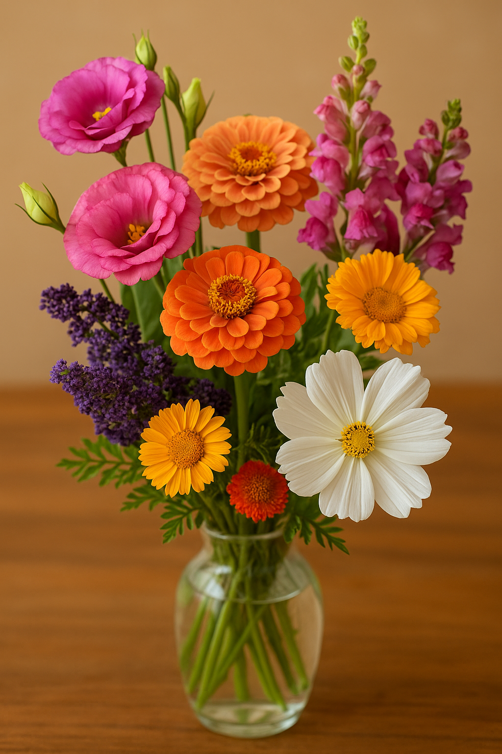 Bouquet of lisianthus, zinnias, snapdragons, statice, strawflowers, and cosmos in a vase — long-lasting cut flowers grown from seed