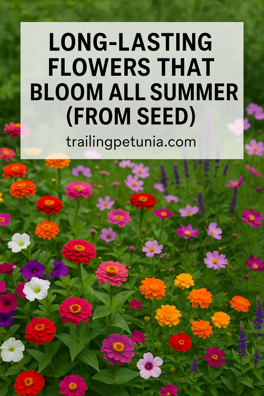Bright summer garden filled with zinnias, cosmos, marigolds, petunias, and other long-blooming flowers grown from seed, showcasing nonstop color all season