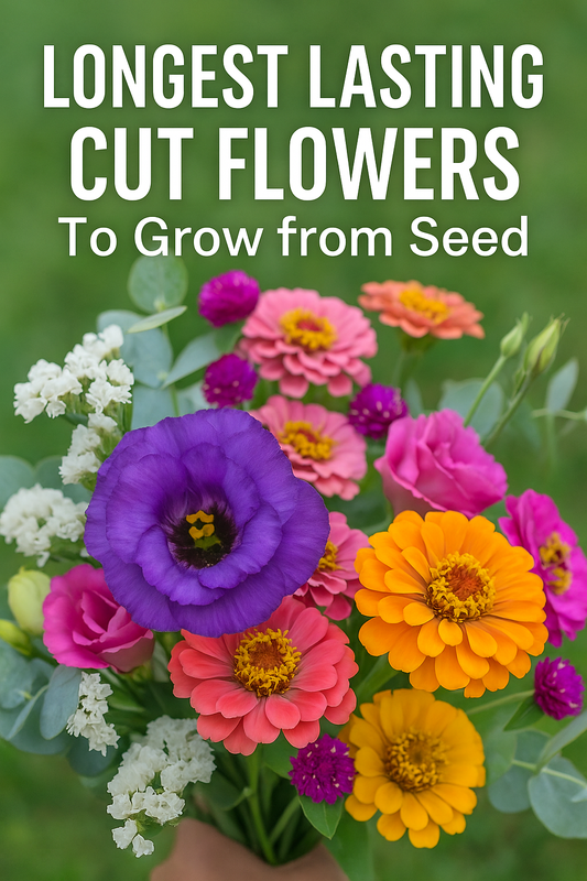 Lisianthus, zinnias, and eucalyptus bouquet showing long-lasting cut flowers grown from seed