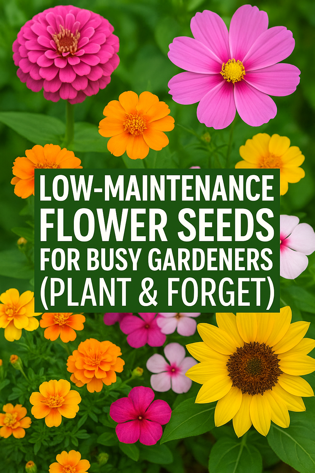 Zinnias, Cosmos, Marigolds, Portulaca, Sunflowers, and Vincas blooming together in a bright, low-maintenance summer garden — easy flowers to grow from seed