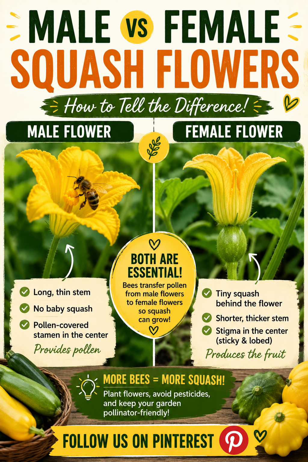 Side-by-side comparison of male and female squash flowers showing a bee pollinating the male flower and a baby squash behind the female flower to help gardeners identify each flower and improve squash pollination.