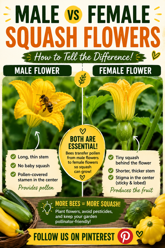 Side-by-side comparison of male and female squash flowers showing a bee pollinating the male flower and a baby squash behind the female flower to help gardeners identify each flower and improve squash pollination.