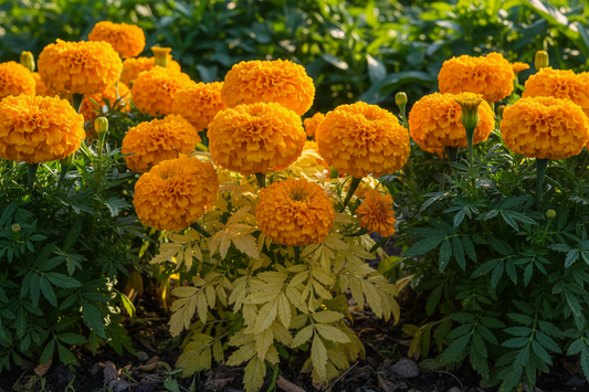 Marigold plant with vibrant orange blooms and yellowing lower leaves in a sunny garden, showing common causes of yellow leaves