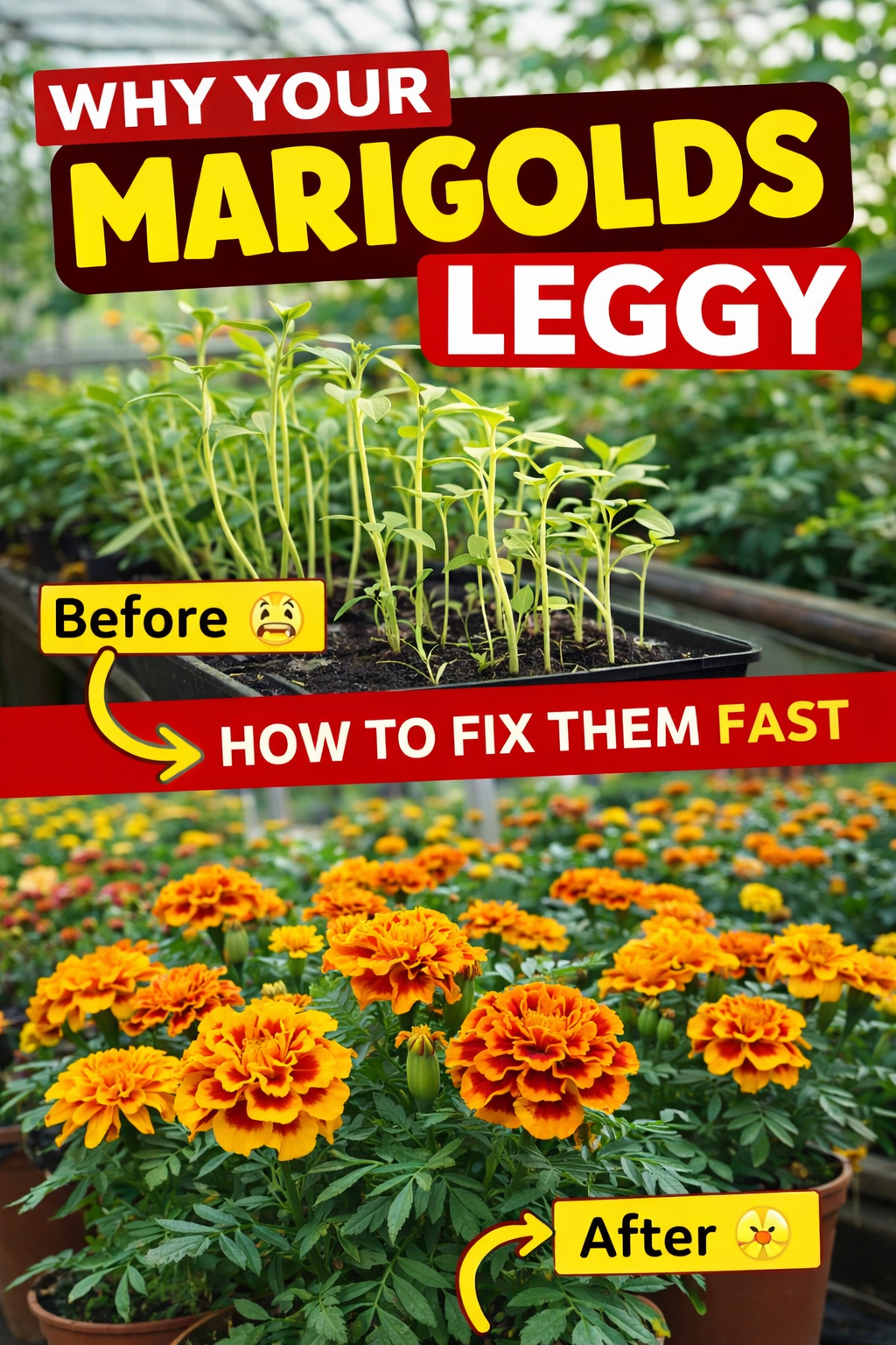 Marigold seedlings growing leggy indoors compared to healthy compact marigold plants in a greenhouse with bright orange blooms showing how to fix leggy marigolds