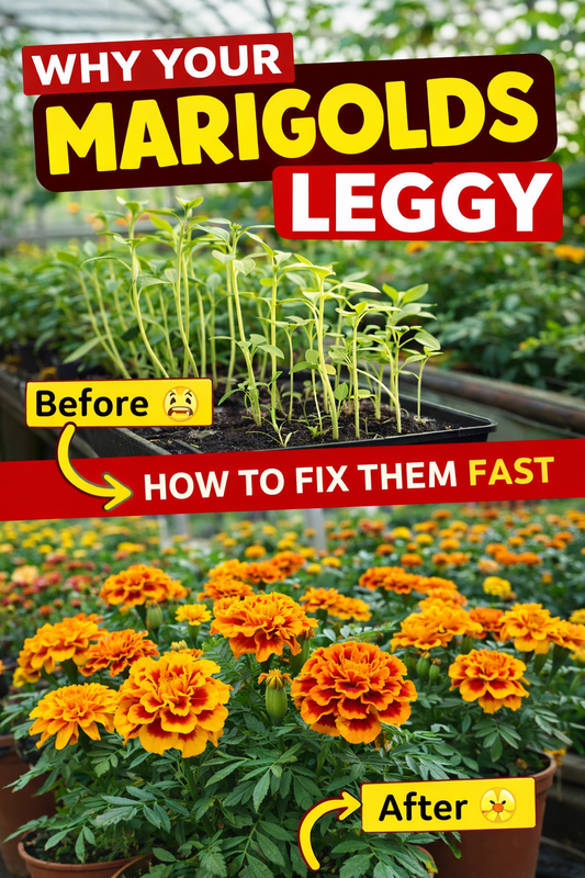 Marigold seedlings growing leggy indoors compared to healthy compact marigold plants in a greenhouse with bright orange blooms showing how to fix leggy marigolds