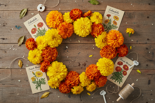 Vibrant marigold flowers in gold and orange tones growing in a garden — premium marigold seeds from Garden Starts Nursery