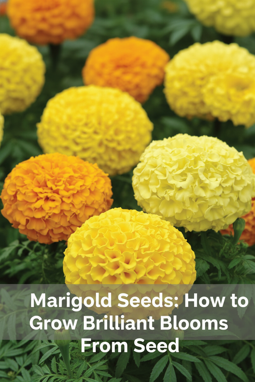Marigold flowers blooming from seed in a sunny garden bed