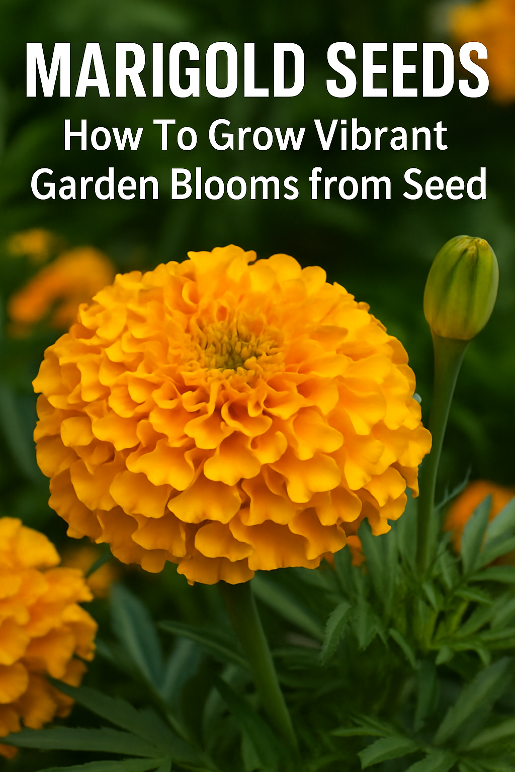 Large golden marigold bloom in garden setting with green foliage