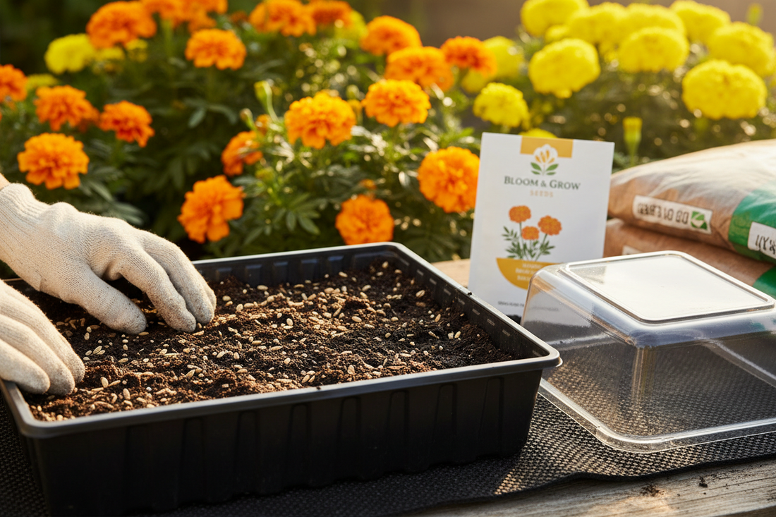 Marigold seeds being sown on seed-starting mix with heat mat and humidity dome