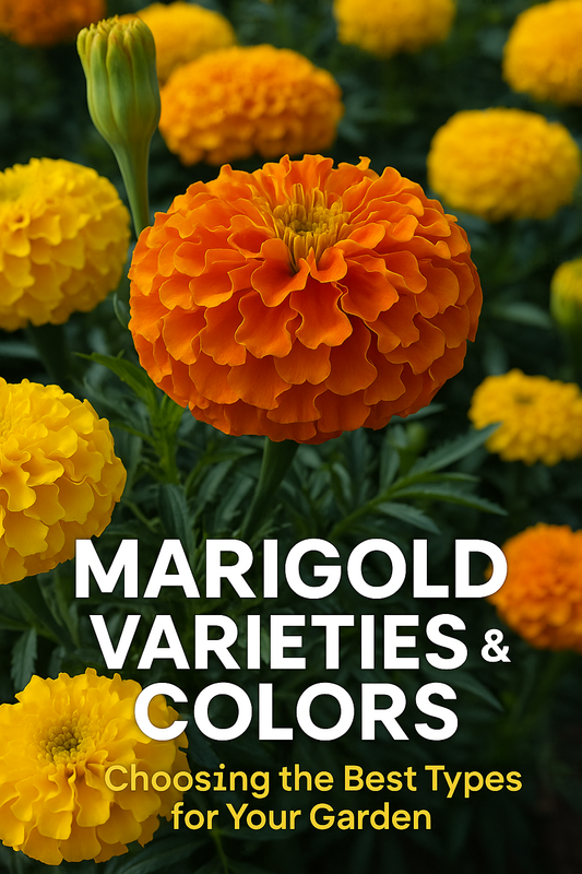 Bright marigold flowers in different colors and bloom forms in a garden