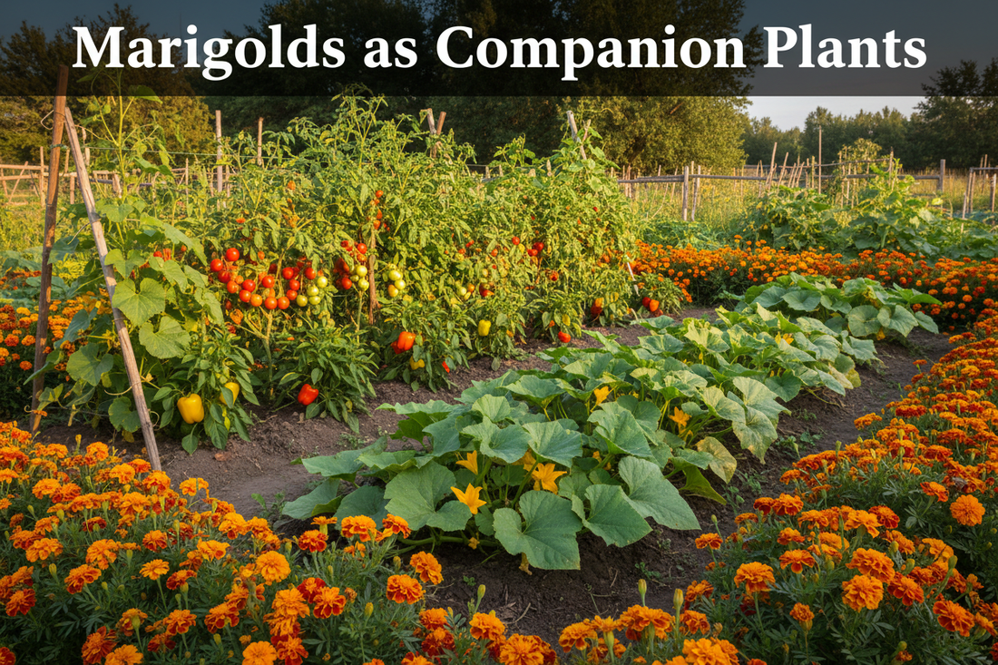 Bright orange and gold African marigolds growing as companion plants alongside tomatoes, peppers, cucumbers, and squash in a lush summer vegetable garden, with bees pollinating nearby flowers