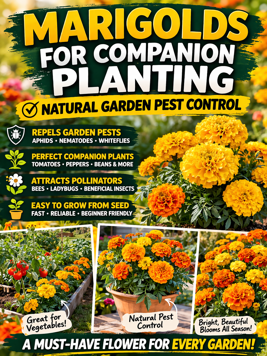 Bright yellow and orange marigolds growing in garden beds and containers used for companion planting and natural pest control in vegetable gardens