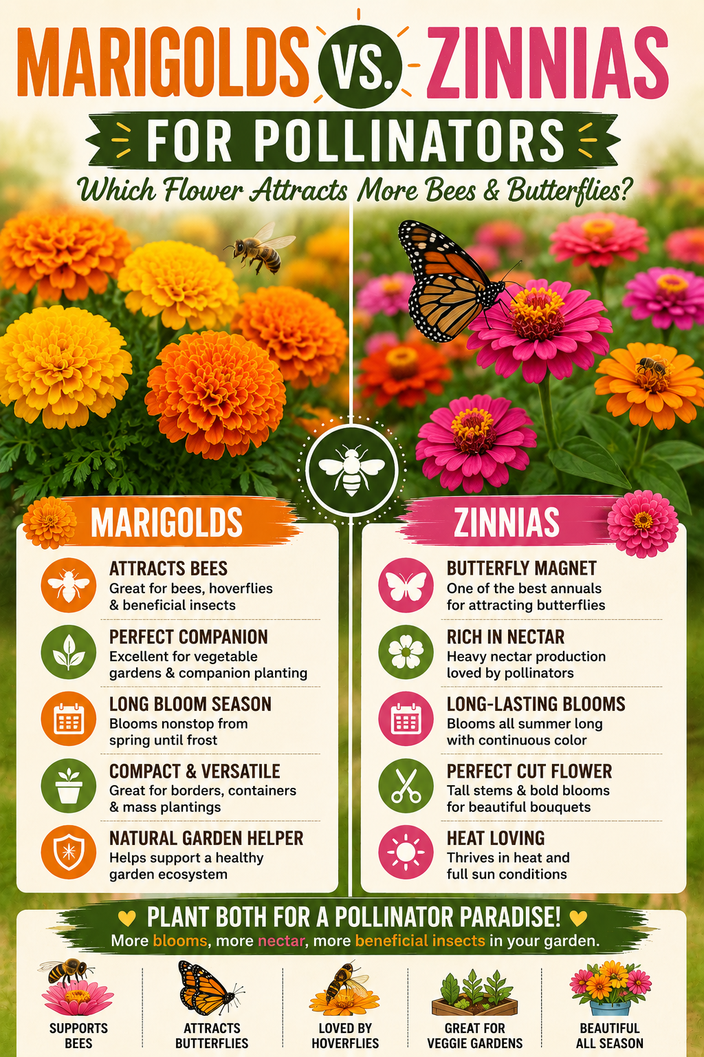 Marigolds and zinnias growing side by side in a colorful pollinator garden, comparing which flowers attract more bees, butterflies, and beneficial insects throughout the growing season.