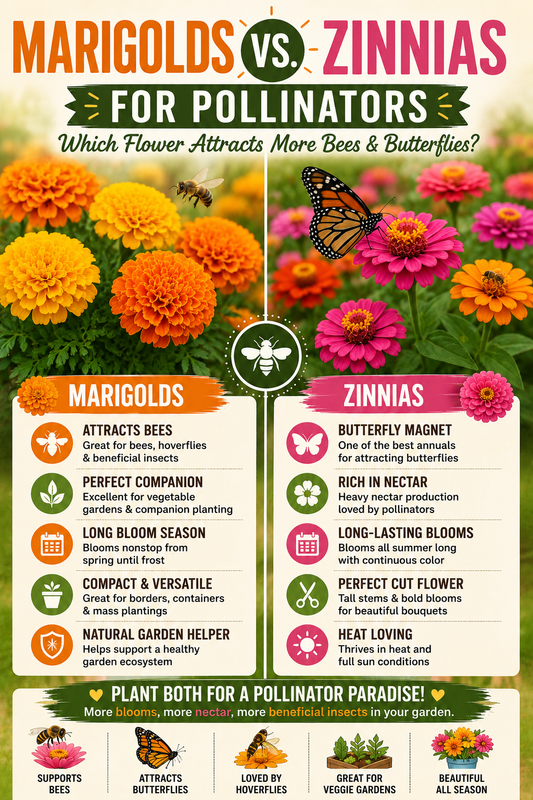 Marigolds and zinnias growing side by side in a colorful pollinator garden, comparing which flowers attract more bees, butterflies, and beneficial insects throughout the growing season.