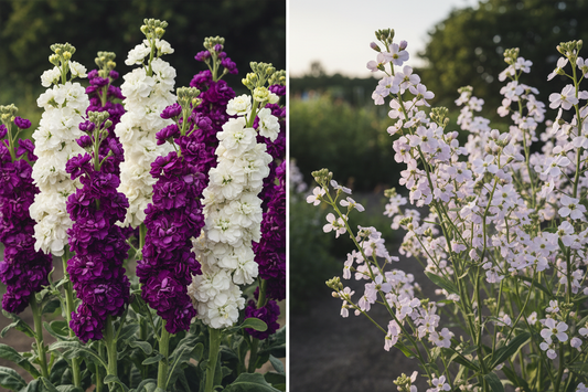 Matthiola incana vs Matthiola longipetala stock flowers side by side comparison