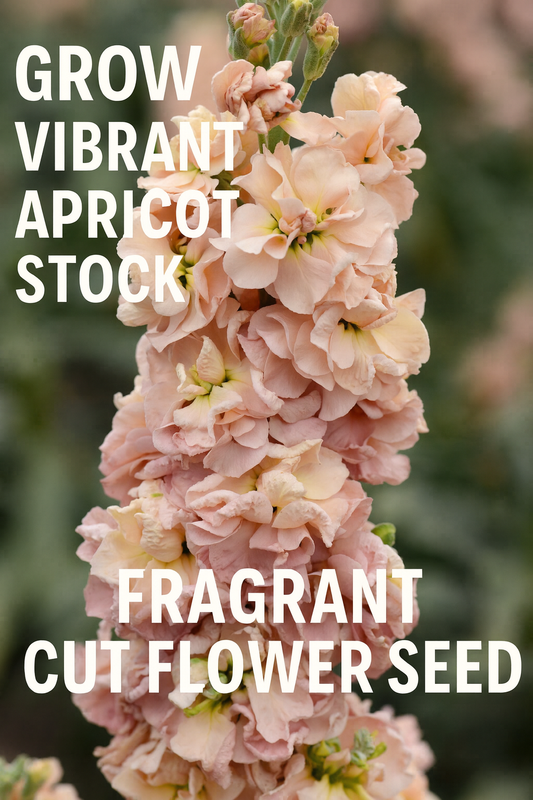 Apricot-colored Matthiola ‘Column Apricot’ stock flowers in full bloom, a fragrant and elegant cut flower variety grown from seed