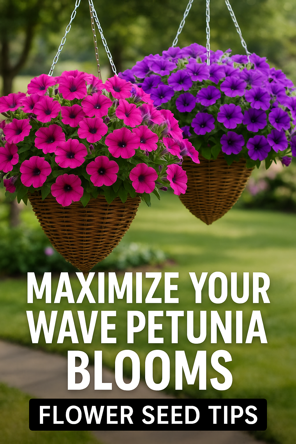 Wave Petunias in full bloom in hanging baskets with rich color and healthy growth from top-quality flower seeds.
