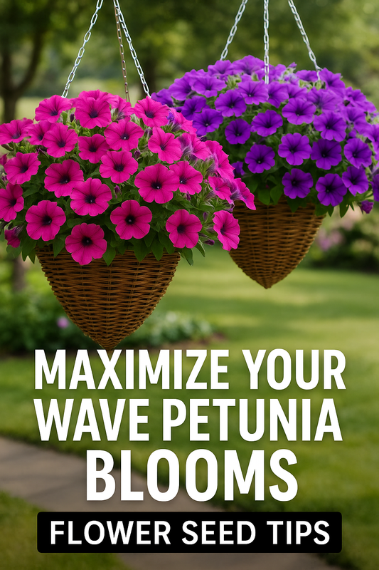 Wave Petunias in full bloom in hanging baskets with rich color and healthy growth from top-quality flower seeds.