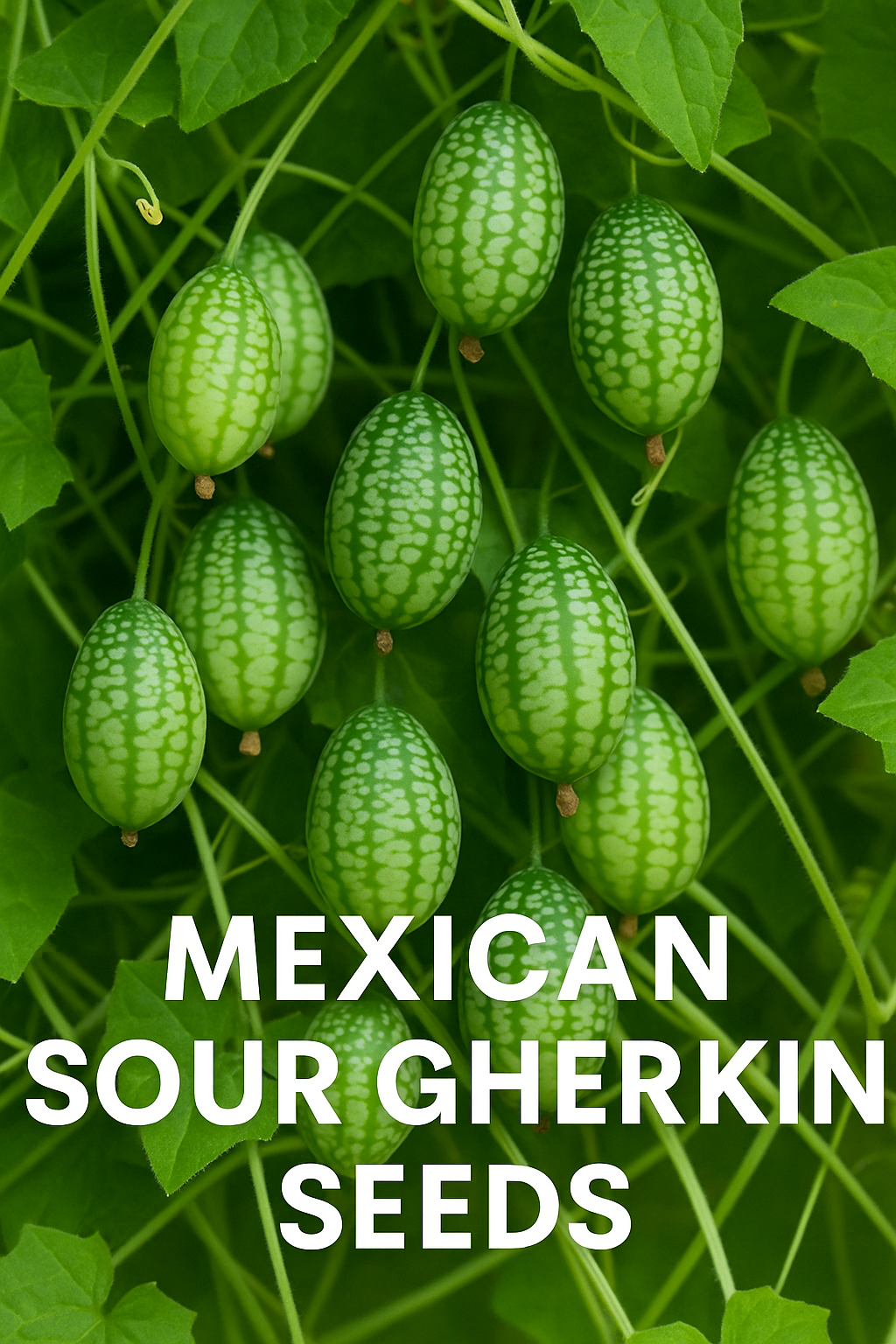 Mexican sour gherkins hanging on vines, grown from seed, also called mouse melon