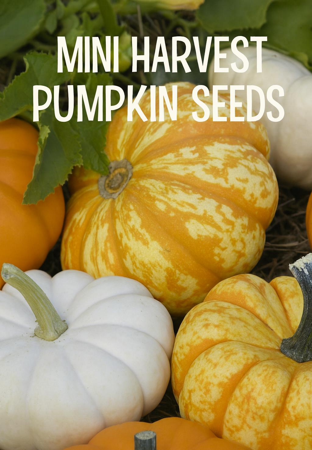 A colorful mix of Mini Harvest pumpkins in orange, white, and striped yellow shades, perfect for fall décor, crafts, and market displays. Compact pumpkins grown from Mini Harvest Pumpkin Seeds, known for their uniform shape and high yields.