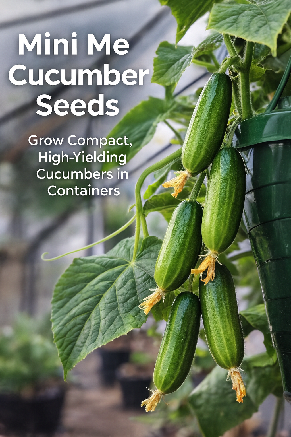 Mini Me cucumbers growing on compact vines in a container, showing healthy dark green fruit and foliage