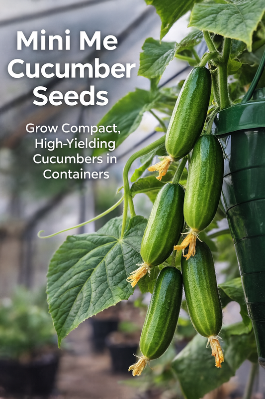 Mini Me cucumbers growing on compact vines in a container, showing healthy dark green fruit and foliage