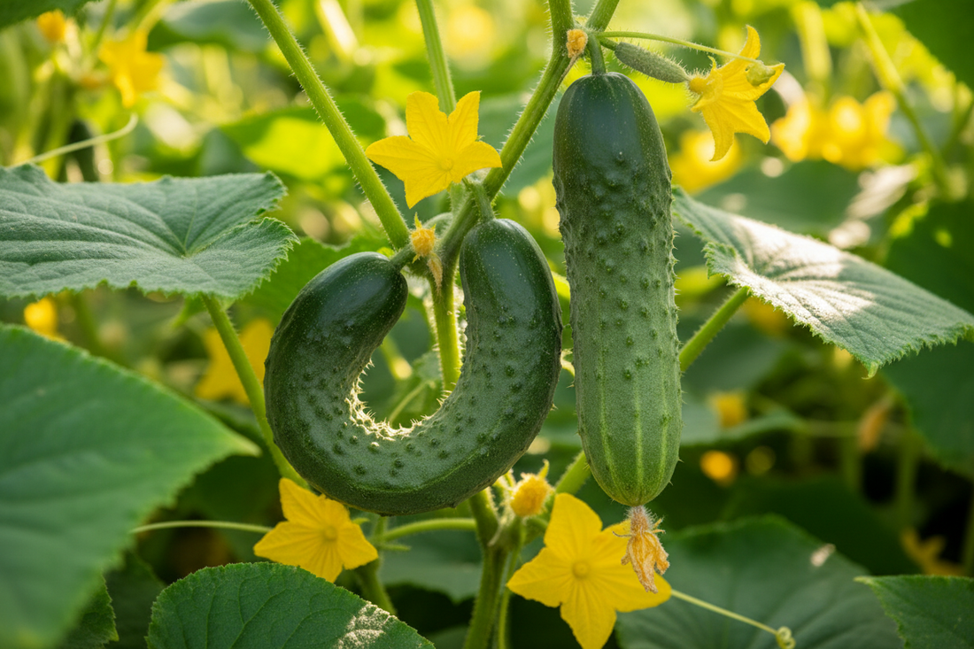 Curved and straight cucumbers growing side by side on a garden vine