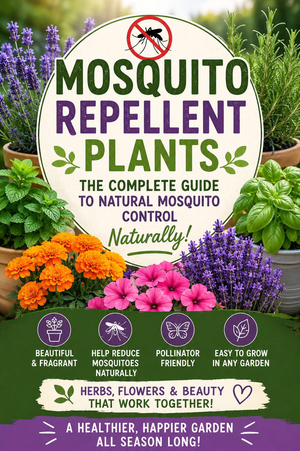 Mosquito repellent plants including rosemary, lavender, basil, mint, marigolds, and petunias growing in a colorful garden to help reduce mosquitoes naturally.