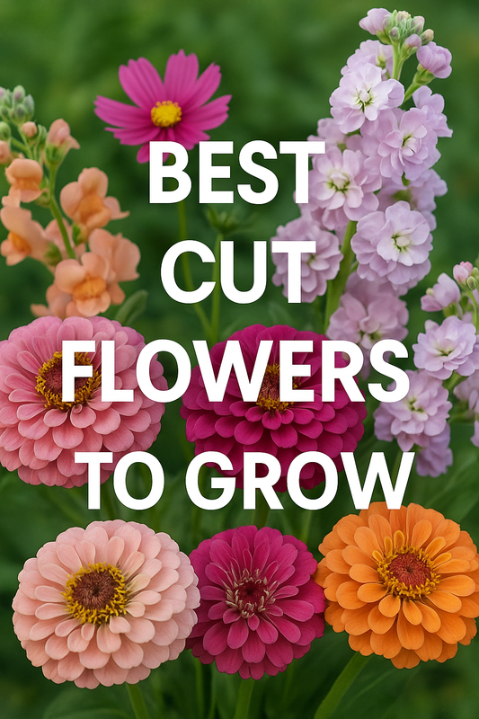 Colorful cut flowers including zinnias, lisianthus, snapdragons, cosmos, sunflowers, and stock arranged for a farmer’s market style bouquet