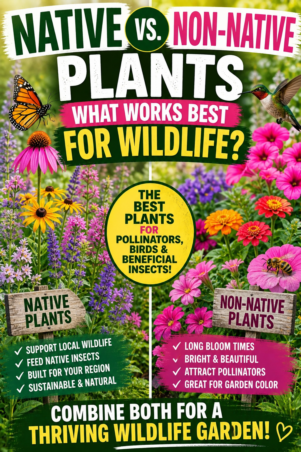Native vs non-native plants comparison in a garden showing flowers attracting bees, butterflies, and birds for a wildlife-friendly habitat