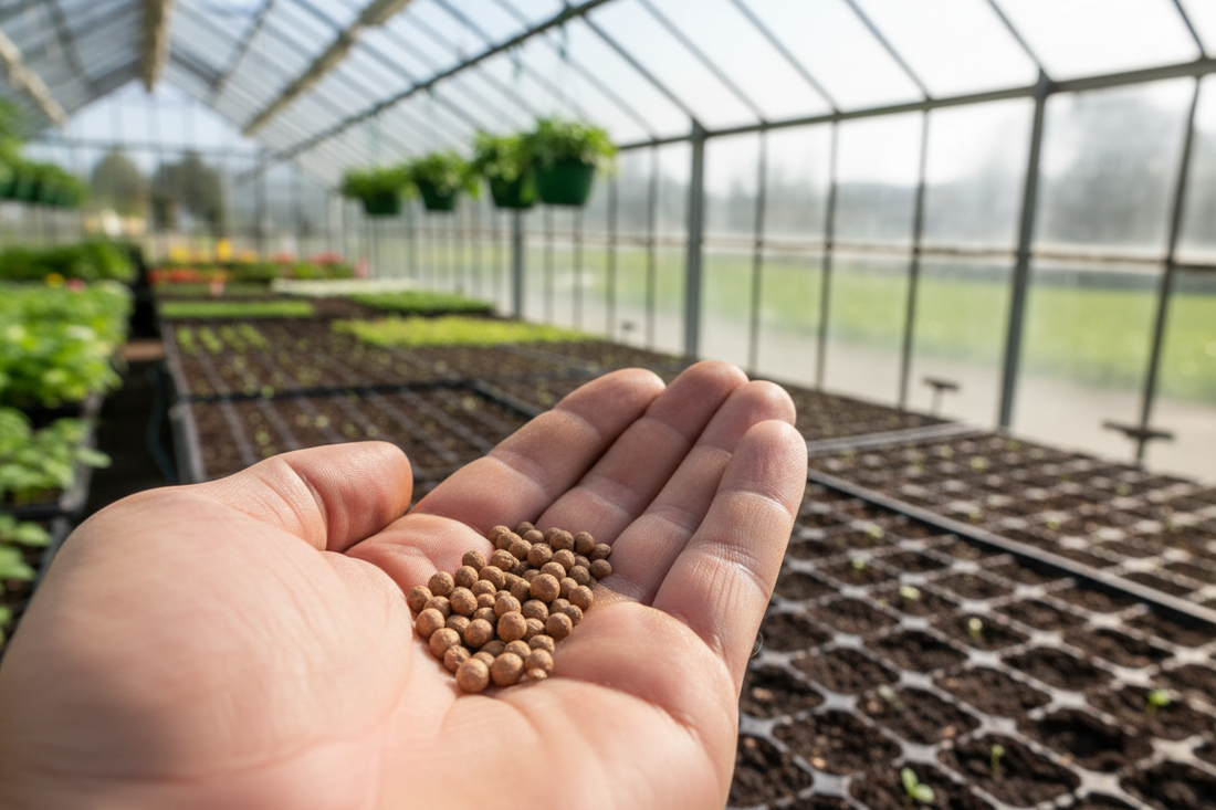 Pelleted Nicotiana seeds in a gardener's hand ready for sowing