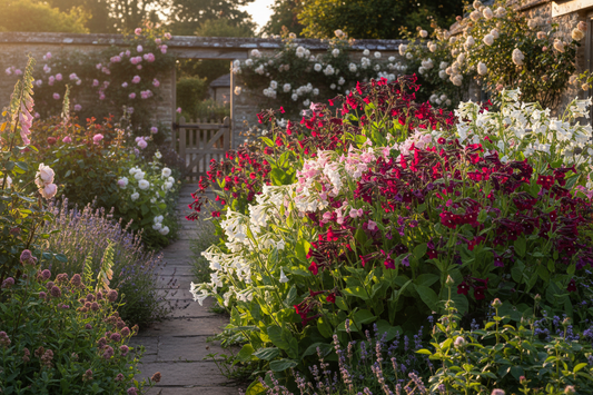 Nicotiana flowering tobacco plants blooming in a cottage garden in shades of white, pink, red and purple