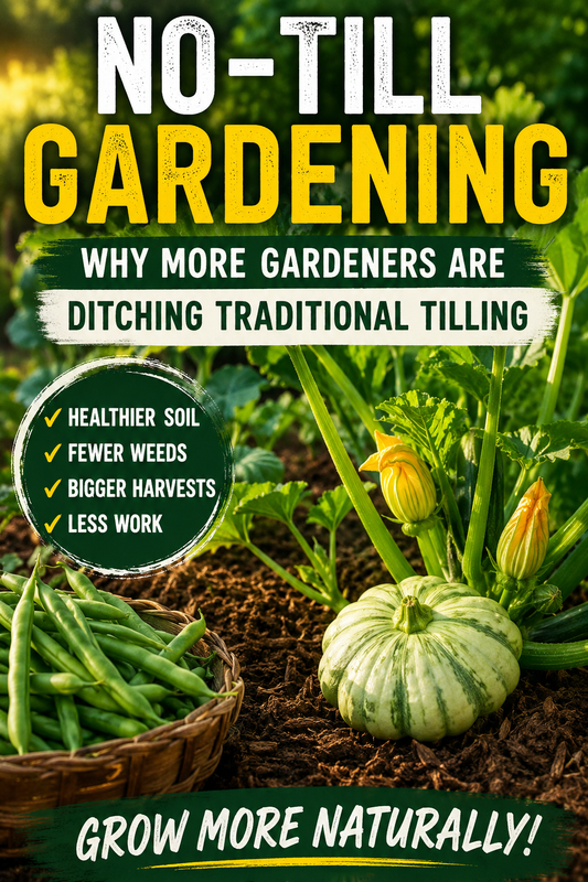 No-till vegetable garden with healthy soil, squash, and bush beans growing in organic mulch