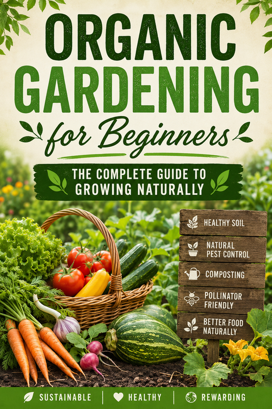 Organic vegetable garden with fresh squash, tomatoes, carrots, lettuce, and healthy soil demonstrating organic gardening for beginners and natural food production