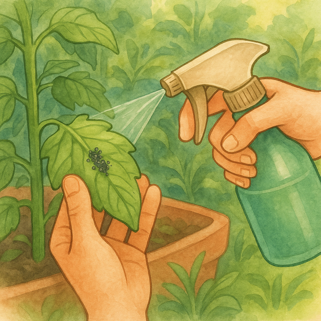 Gardener spraying organic insecticidal soap solution onto a healthy tomato leaf to naturally control aphids and prevent disease