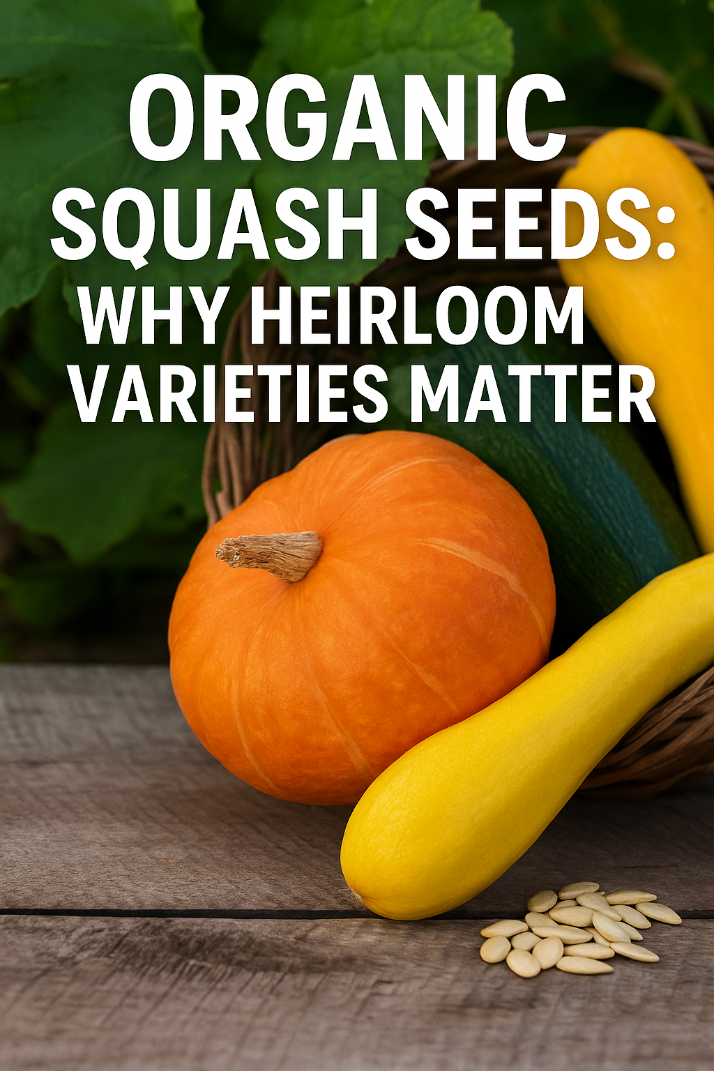 Colorful heirloom squash grown from organic seeds in a bright garden