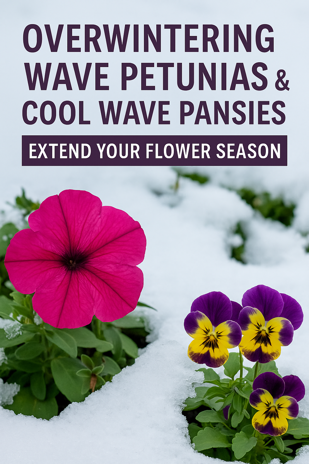 Wave Petunias and Cool Wave Pansies thriving through winter frost with tips for overwintering flower seeds and extending bloom season.