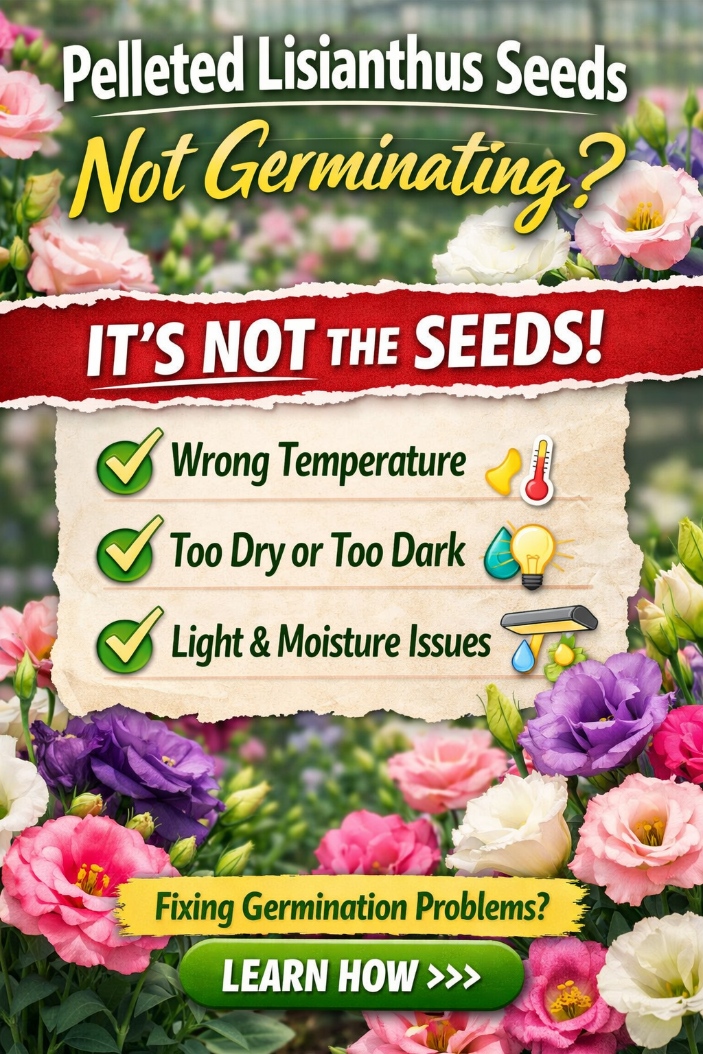 Pelleted lisianthus seeds germination troubleshooting guide explaining why seeds fail to sprout due to environment not seed quality