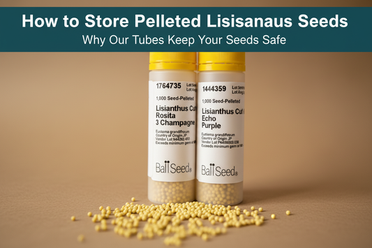 Two Ball Seed tubes of pelleted lisianthus seeds with tiny yellow pelleted seeds scattered on kraft paper background