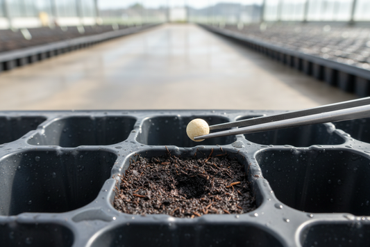 Single pelleted snapdragon seed placed precisely into one cell of a 128-cell plug tray with moist seed starting mix