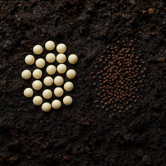 Pelleted seeds vs raw seeds side by side on moist soil