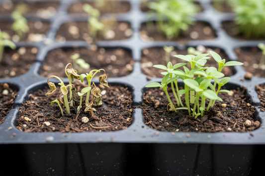 Pentas seedlings showing damping off disease with collapsed stems at soil line in seed starting tray