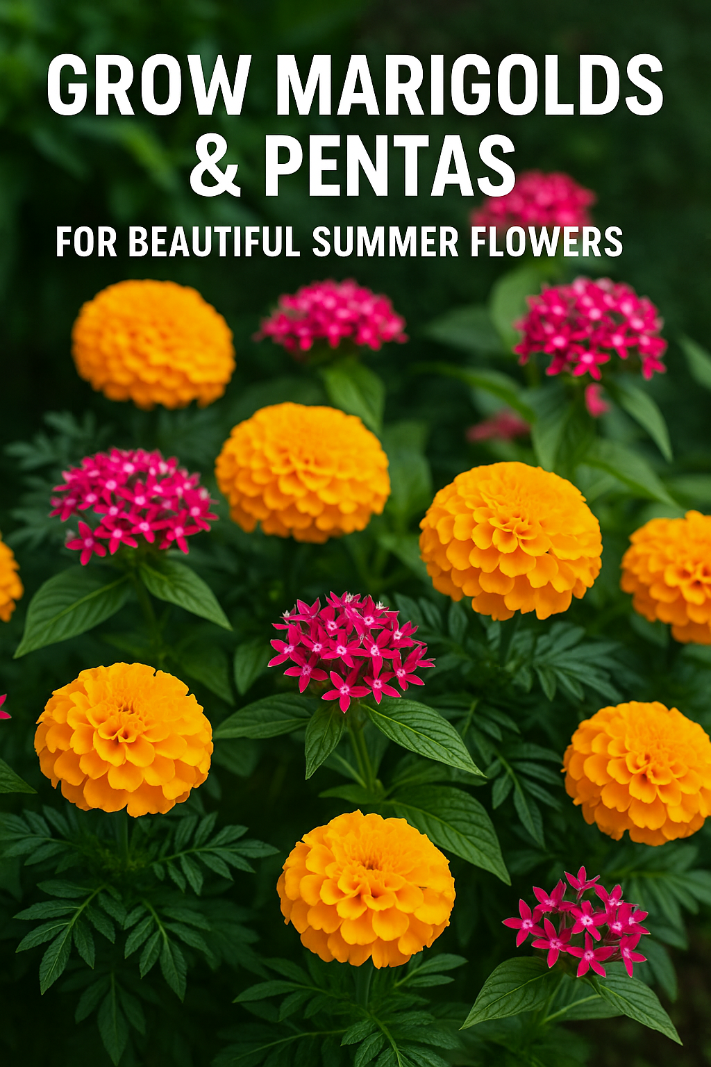 Pentas and African Marigold flowers blooming together in a vibrant summer garden – guide to growing flower seeds from seed to bloom