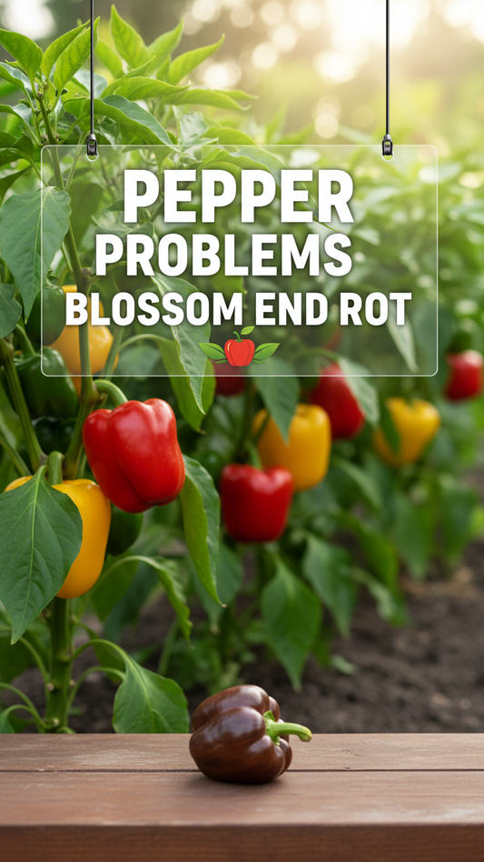 Pepper plant showing leaf curl and damage from pests and blossom end rot