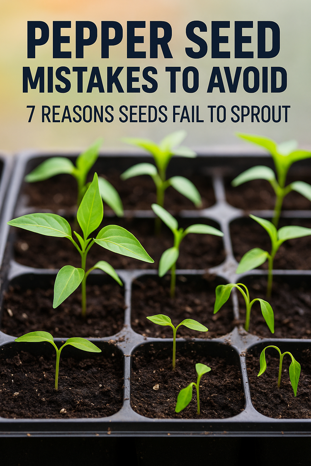 Close-up of pepper seedlings showing healthy and failed germination side by side, highlighting common pepper seed mistakes and how to fix them.